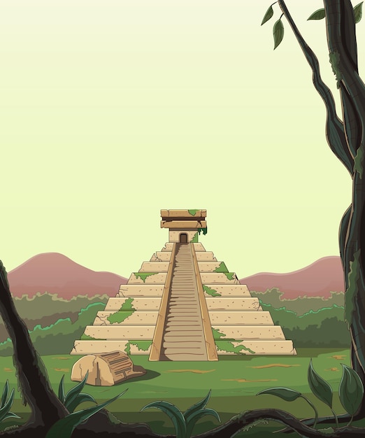 Uitzicht vanuit de jungle bij de Maya-pyramide Archeologisch mijlpaal oude tempel van de Mexicaanse cultuur Wildlife scène verticale oriëntatie Handtekening omtrek Warme achtergrond Vector illustratie
