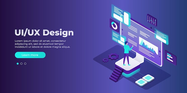 Концепция дизайна uiux баннерная векторная изометрическая иллюстрация концепция пользовательского интерфейса для вашего веб-сайта управление анализом данных seo онлайн-покупки и запуск бизнеса векторная иллюстрация eps 10