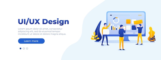 Uiux design concept banner vector isometric illustration ui concept for your website people interacting with computer monitor vector illustration eps 10