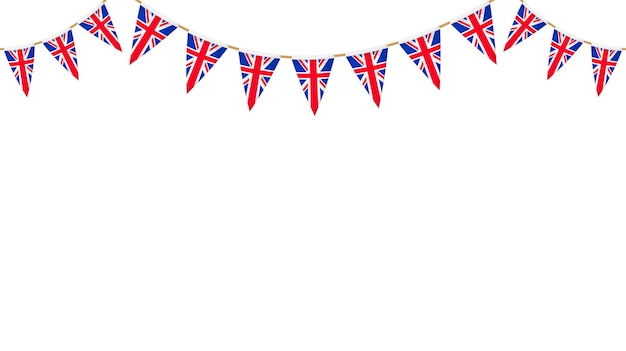 UK flag garland. Union Jack pennants chain. British party bunting decoration. Great Britain flags