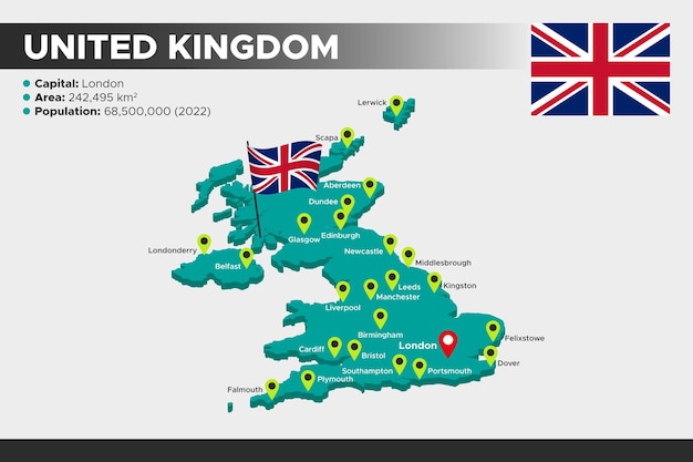 Uk isometrische 3d illustratie kaart vlag hoofdsteden gebied bevolking en kaart van het verenigd koninkrijk