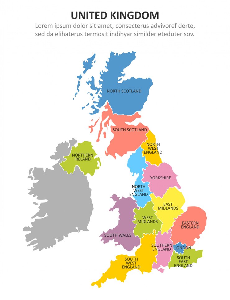 Vector uk multicolored map with regions. 