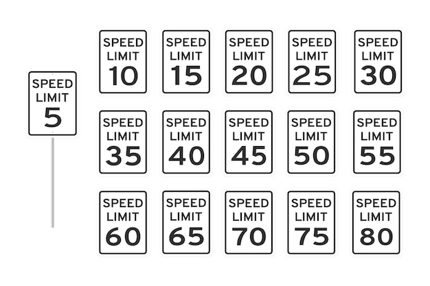 Uk snelheidslimiet wegverkeer pictogram borden instellen vlakke stijl ontwerp vectorillustratie