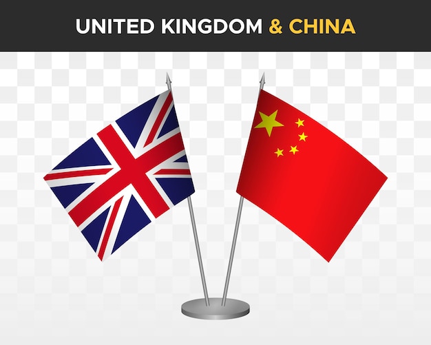 UK United Kingdom Britain vs China desk flags mockup isolated 3d vector illustration table flags