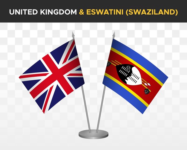 UK United Kingdom Britain vs Eswatini Swaziland desk flags mockup 3d vector illustration table flags