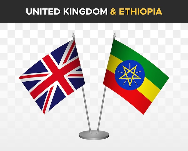 UK United Kingdom Britain vs Ethiopia desk flags mockup isolated 3d vector illustration table flags