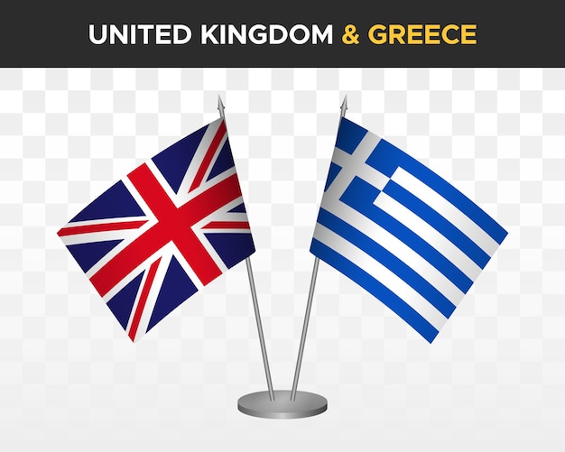 UK United Kingdom Britain vs Greece desk flags mockup isolated 3d vector illustration table flags