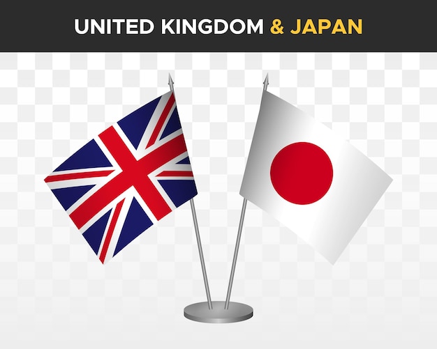 UK United Kingdom Britain vs Japan desk flags mockup isolated 3d vector illustration table flags