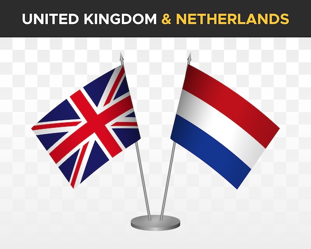 Uk united kingdom britain vs netherlands desk flags mockup isolate 3d vector illustration table flag