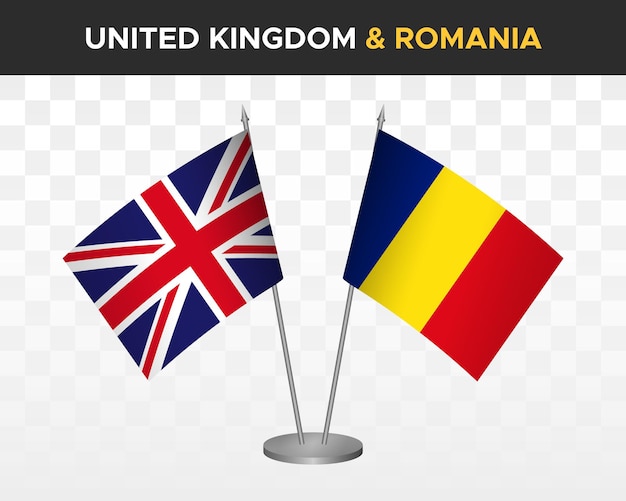 UK United Kingdom Britain vs Romania desk flags mockup isolated 3d vector illustration table flags