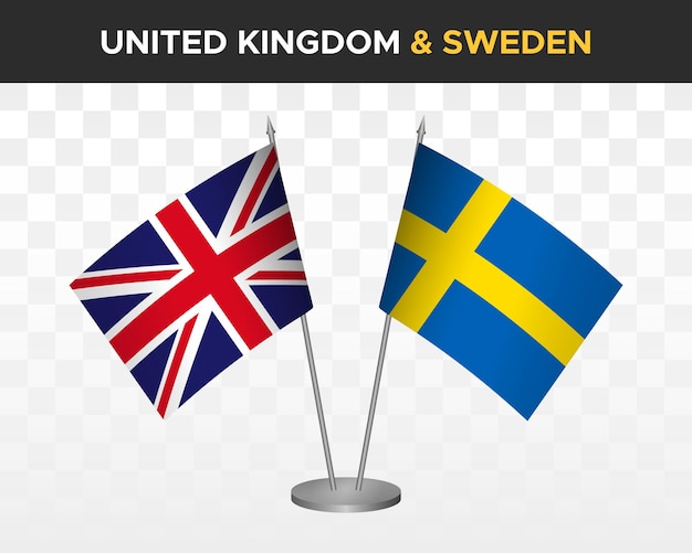 UK United Kingdom Britain vs Sweden desk flags mockup isolated 3d vector illustration table flags