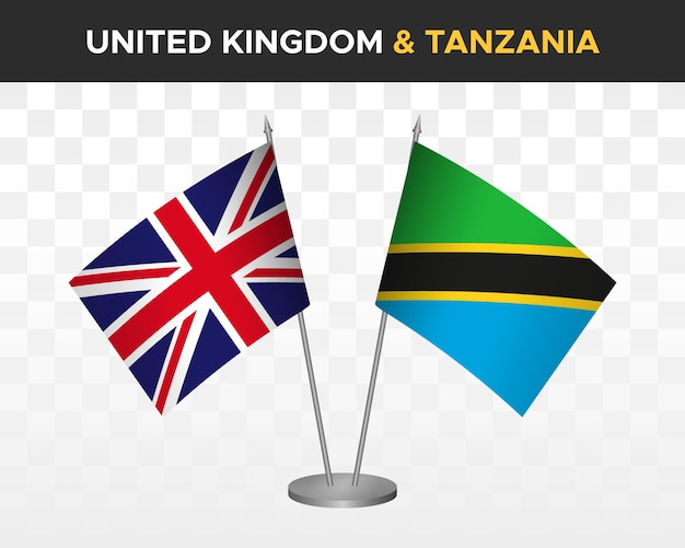 UK United Kingdom Britain vs Tanzania desk flags mockup isolated 3d vector illustration table flags