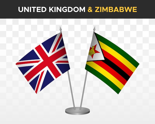 Regno unito regno unito gran bretagna vs zimbabwe bandiere da scrivania mockup isolate 3d illustrazione vettoriale bandiere da tavolo
