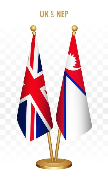 UK United Kingdom and Nepal standing flags isolated on white UK desk flag