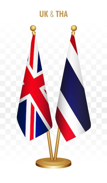 UK United Kingdom and Thailand standing flags isolated on white UK desk flag