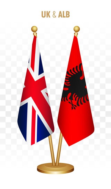 UK Verenigd Koninkrijk en Albanië staande vlaggen geïsoleerd op wit UK bureau vlag