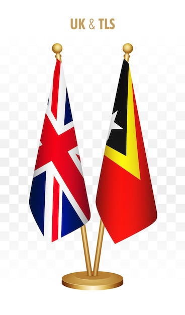 UK Verenigd Koninkrijk en Oost-Timor leste staande vlaggen geïsoleerd op wit UK bureau vlag