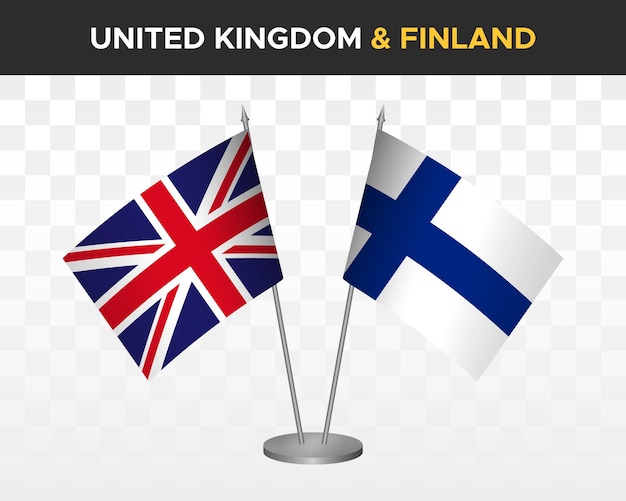 Uk verenigd koninkrijk groot-brittannië vs finland bureau vlaggen mockup geïsoleerde 3d vector illustratie tafel vlaggen