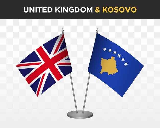 UK Verenigd Koninkrijk Groot-Brittannië vs Kosovo bureau vlaggen mockup geïsoleerde 3d vector illustratie tafel vlaggen