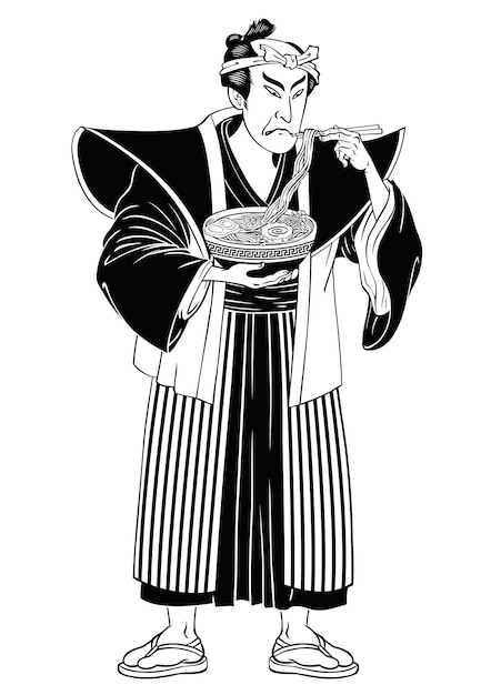 Ukiyo E Style Illustration of Man Eating Ramen Isolated Black and White