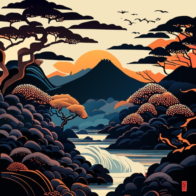 ukiyoe large japan beautiful landscape on old paper texture8k trending on artstation sharp focus