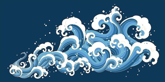 ベクトル 紺色の背景に浮世絵風の海の潮をはねかける