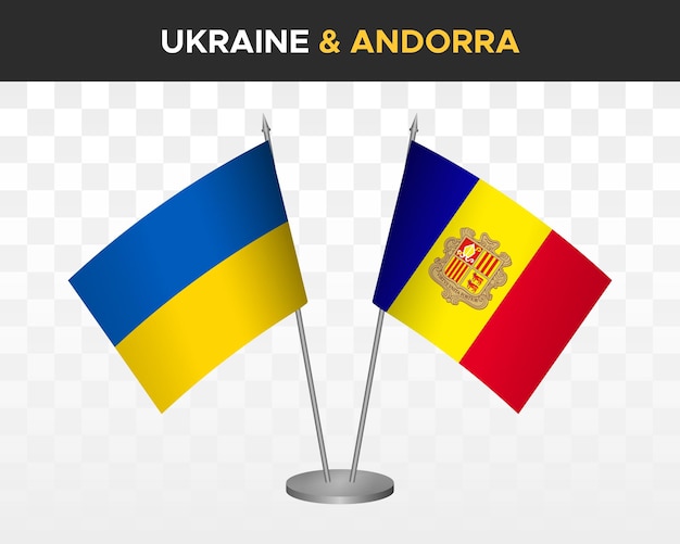 Ukraine and Andorra desk flags isolated on white 3d vector illustration table flags