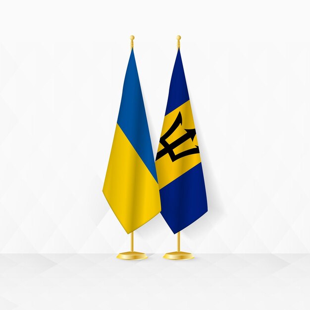ukraine and barbados flags on flag stand illustration for diplomacy and other meeting between ukraine and barbados