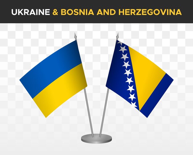 Ukraine and Bosnia and Herzegovina desk flags isolated on white 3d vector illustration table flags
