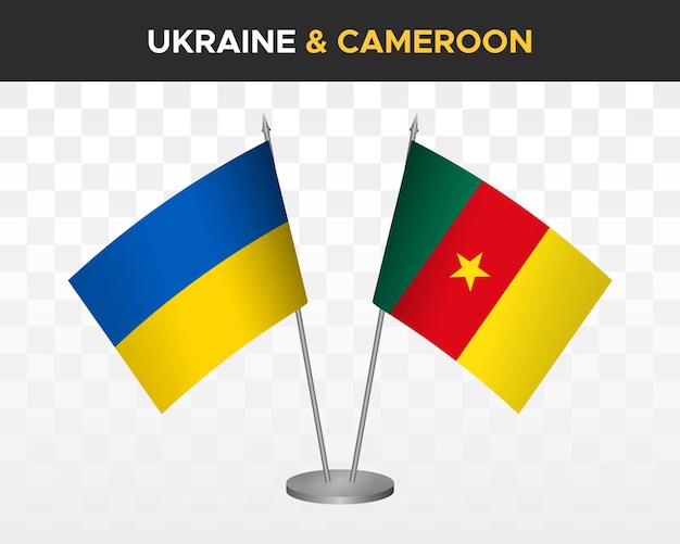 Ukraine and Cameroon desk flags isolated on white 3d vector illustration table flags