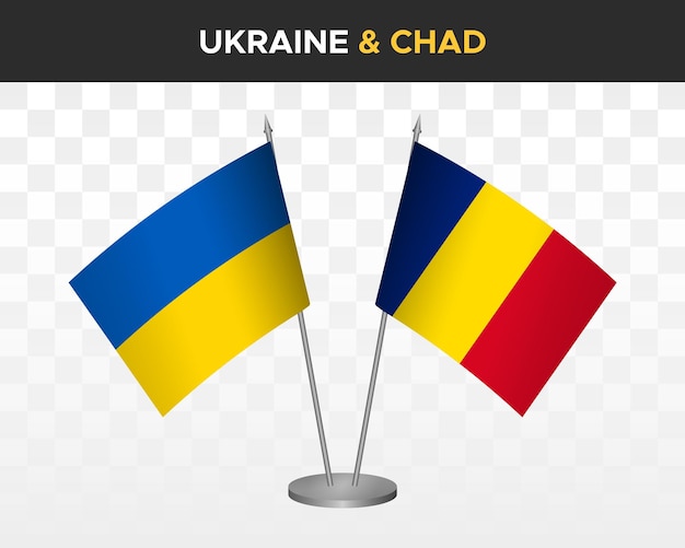 Ukraine and Chad desk flags isolated on white 3d vector illustration table flags