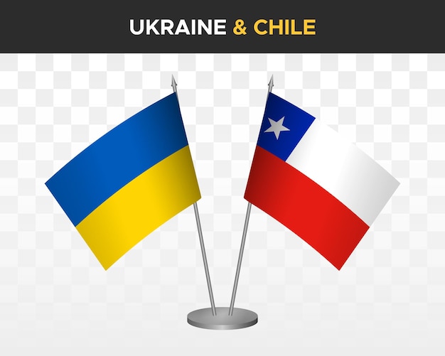 Bandiere da scrivania ucraina e cile isolate su bandiere bianche da tavolo con illustrazione vettoriale 3d