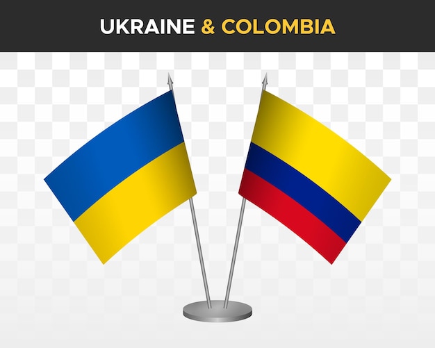 Ukraine and Colombia desk flags isolated on white 3d vector illustration table flags