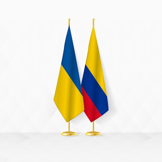 Ukraine and Colombia flags on flag stand illustration for diplomacy and other meeting between Ukraine and Colombia