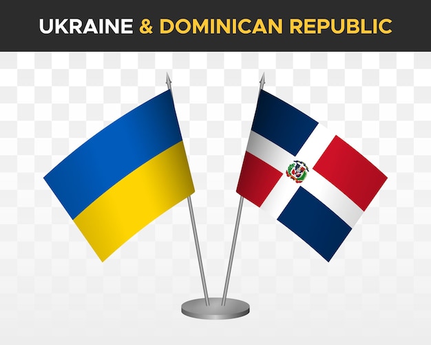 Ukraine and Dominican Republic desk flags isolated on white 3d vector illustration table flags