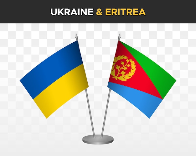 Ukraine and Eritrea desk flags isolated on white 3d vector illustration table flags