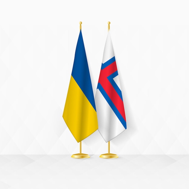 Ukraine and Faroe Islands flags on flag stand illustration for diplomacy and other meeting between Ukraine and Faroe Islands