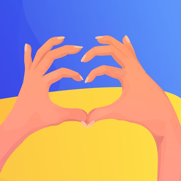 Ukraine flag, hands gesture heart shape in cartoon style, symbol charity, help and support.