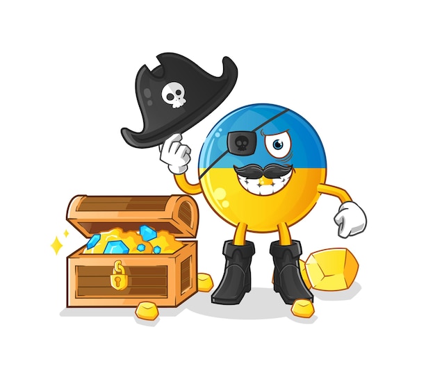 Pirata della bandiera dell'ucraina con la mascotte del tesoro vettore dei cartoni animati