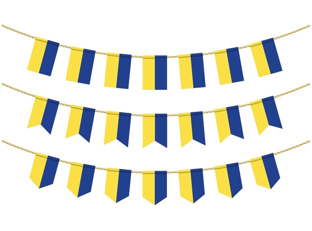 Ukraine flag on the ropes on white background. Set of Patriotic bunting flags. Bunting decoration of Ukraine flag