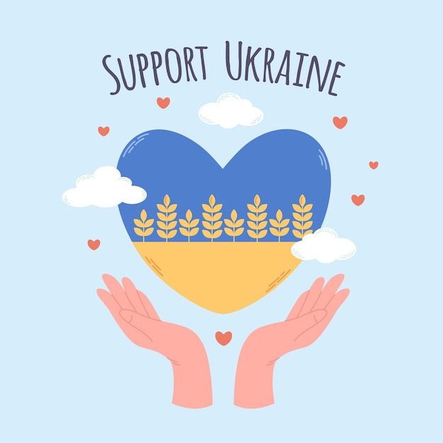 ウクライナの国旗はハートの形でSave Ukraine Support Ukraine(ウクライナを救えウクライナに支持する)