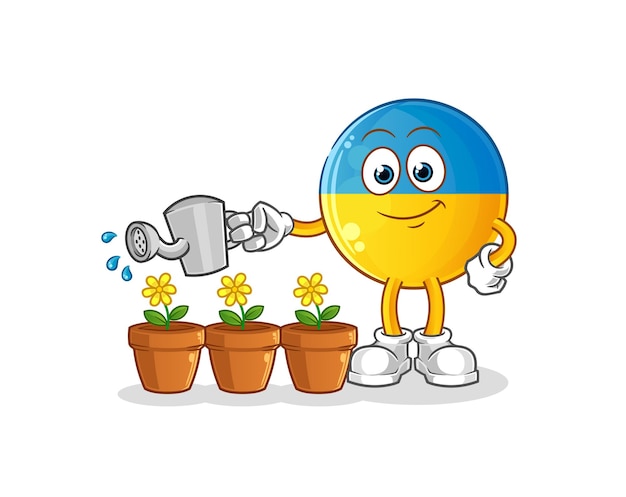 Ukraine flag watering the flowers mascot. cartoon vector