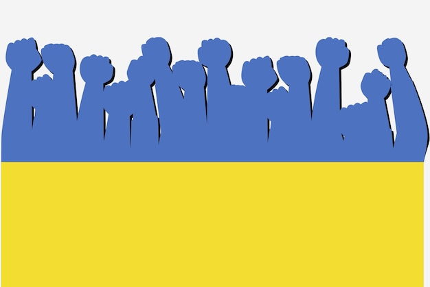 Vettore bandiera dell'ucraina con le mani di protesta sollevate vettore logo della bandiera del paese concetto di protesta dell'ucraina