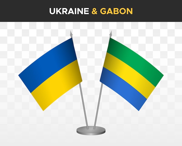 Ukraine and Gabon desk flags isolated on white 3d vector illustration table flags