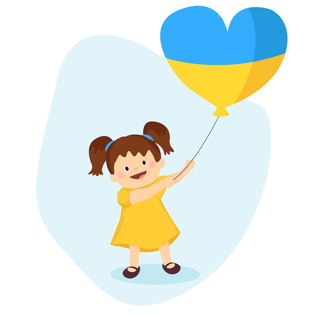 Ukraine girl with balloon in Ukrainian flag colours. Pray for Ukraine. Vector image in flat style.