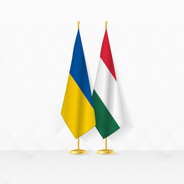 Ukraine and Hungary flags on flag stand illustration for diplomacy and other meeting between Ukraine and Hungary