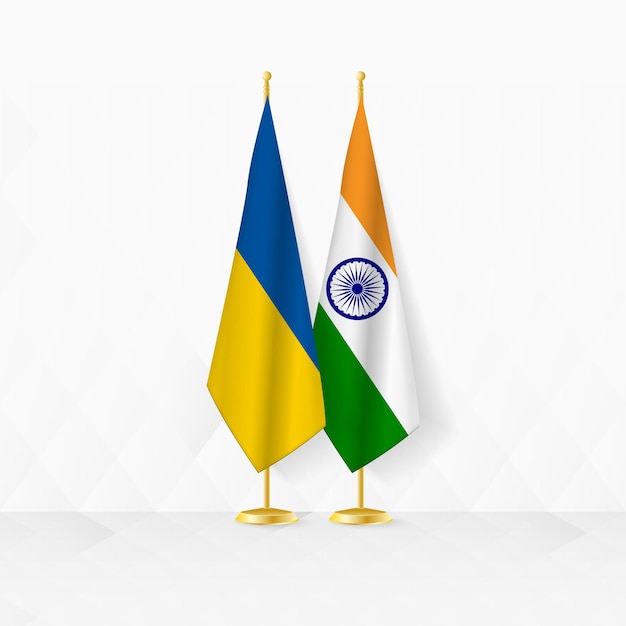 Ukraine and India flags on flag stand illustration for diplomacy and other meeting between Ukraine and India