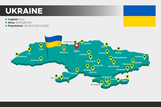 우크라이나 아이소 메트릭 3d 그림지도 플래그 수도 지역 인구와 우크라이나의지도