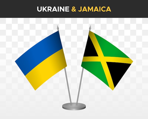 Ukraine and Jamaica desk flags isolated on white 3d vector illustration table flags