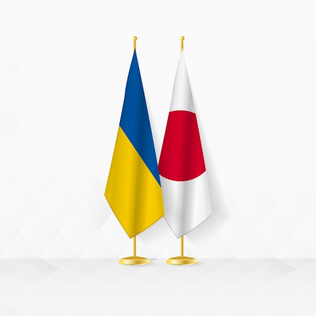 Ukraine and Japan flags on flag stand illustration for diplomacy and other meeting between Ukraine and Japan